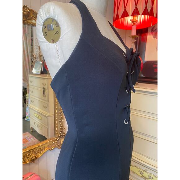 vintage 1990s halter neck black bandage dress lace up karen lucas hourglass body - Picture 5 of 10